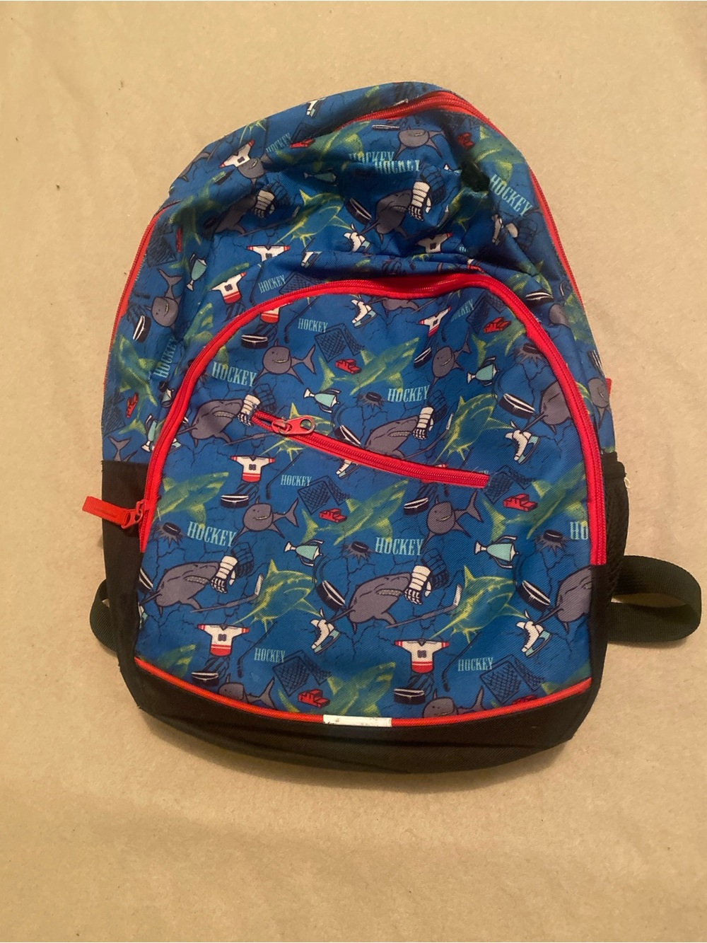 Kids School Backpack Blue  Hockey + Sharks with Red Trim Tracker